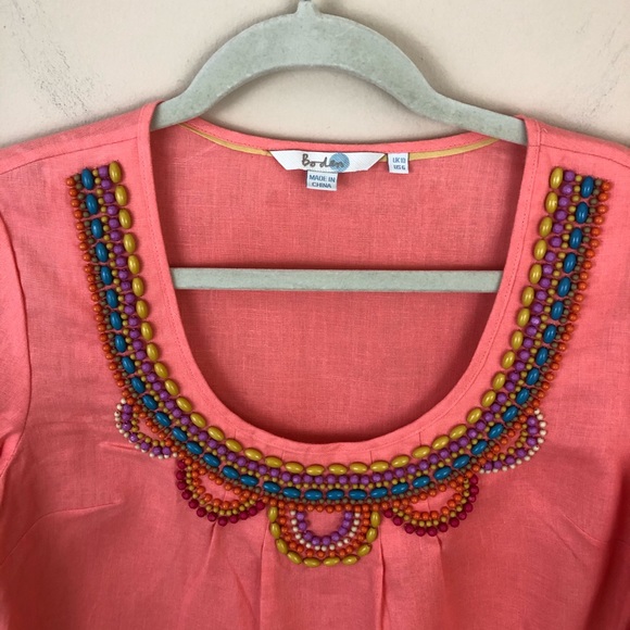 Boden Top Womens 6 Peach Coral  100% Linen 3/4 Sleeves Embellished Neckline - Picture 3 of 8